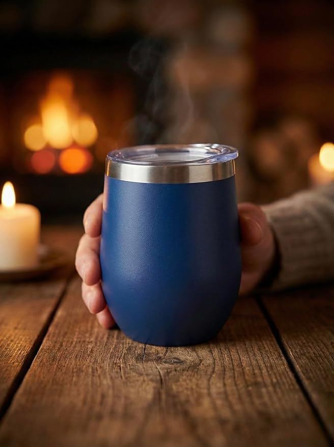 CHILLOUT LIFE 12 oz Stainless Steel Wine Tumbler with Lid - Double Wall Vacuum Insulated Wine Cup Glass Keeping Cold & Hot for Coffee, Champagne, Cocktails, Ice Cream - Powder Coated Navy Blue