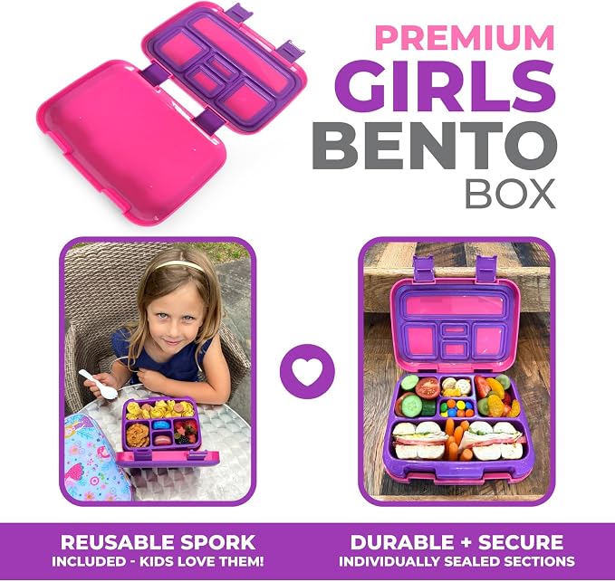 kinsho Bento Lunch Box Container for Kids, Girls Ages 3 to 5, Pink Purple | 5 Portion Sections, BPA-Free Spill-Proof Leakproof Removable Plastic Tray, Snacks and Lunches for Toddlers Pre-School Daycare
