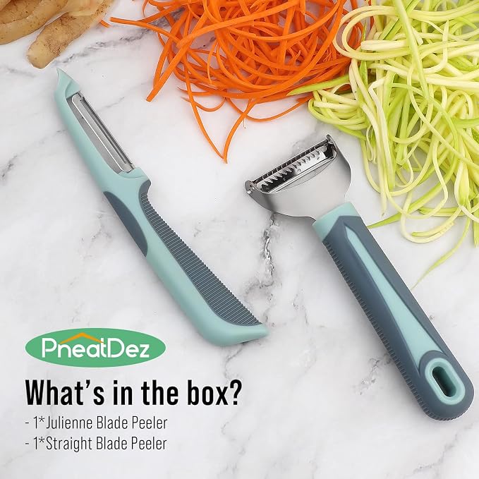Julienne Peeler Vegetable Peeler with 4.8'' Long Silicone Handle | Non-slip grip & sharp blade; Y carrot shredder -strips for salads & meal prep; Potato peeler -ordinary peeling; 2 Pack; Blue