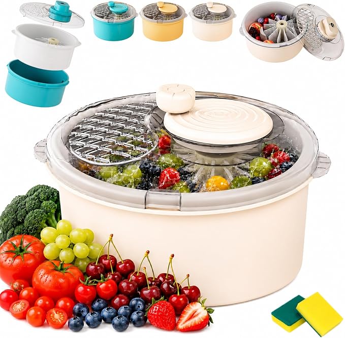 Electric Fruit Cleaner Spinner, 2-in-1 Salad Spinner, Strainer & Food Dryer, Multifunctional Fruit & Vegetable Washing Spinner Bowl, Home One-Touch Cordless Produce Cleaner Device (Beige,Manual)