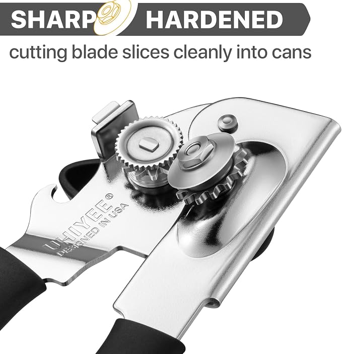 UHIYEE Heavy Duty Hand Can Opener with Comfortable Grip for Seniors, Black | Manual Can Opener, Hardened Steel Blade, Rubber-Coated Handle, Oversize Knob, Built-in Magnet & Bottle Opener