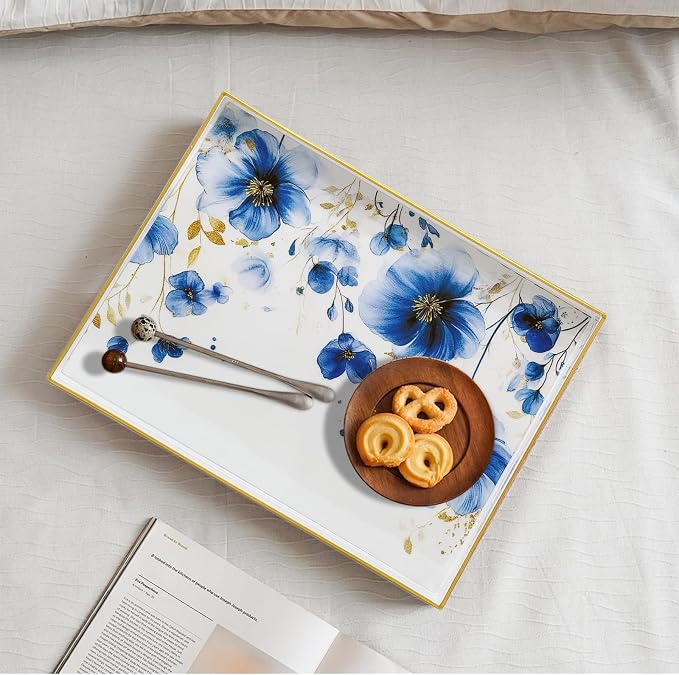 Serving Tray with Handles, 15.7 * 11.8 inches, Plastic Ottoman Tray with Exquisite Paintings, Trays for Coffee Table