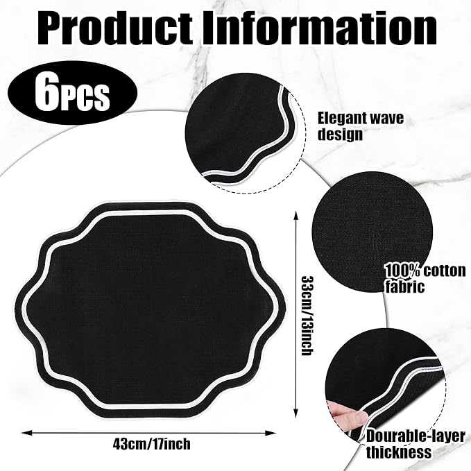 6 Pcs Black Wedding Placemats Scalloped Embroidered Cotton Linen Placemats 17" x 13" Double Layered Machine Washable Table Place Mat for Party Table Decor (White,Cotton)