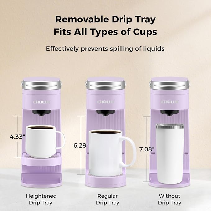 CHULUX Compact Single Serve Coffee Maker Brewer for K Cup Pod, Light Violet | Fast-Heating Boiler System, 4-Hole Needle for Richer Flavor, Adjustable Drip Tray for 7.3" Travel Mug, Food Grade Material