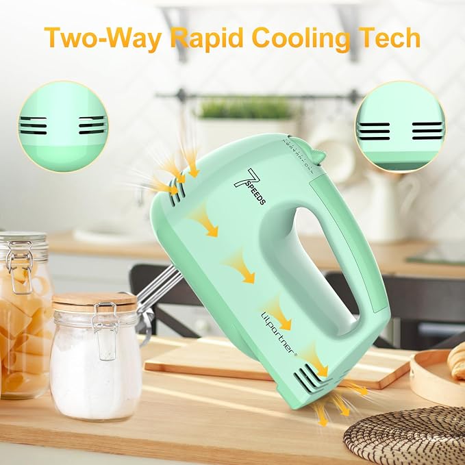 LILPARTNER Hand Mixer Electric, Ultra Power Kitchen Hand Mixer With 7-Speed & 5 Stainless Steel Accessories for Whipping Dough, Cream, Cake, Dishwasher Safe, Light Green