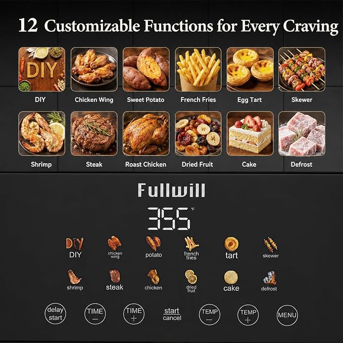 Fullwill Air Fryer with Visible Window, 7.5QT,12-in-1 Multi-Function Air Fry,Roast,Bake, Dehydrate, Fries,Nonstick and Dishwasher-Safe Basket,Family&friends Party,1700W,White