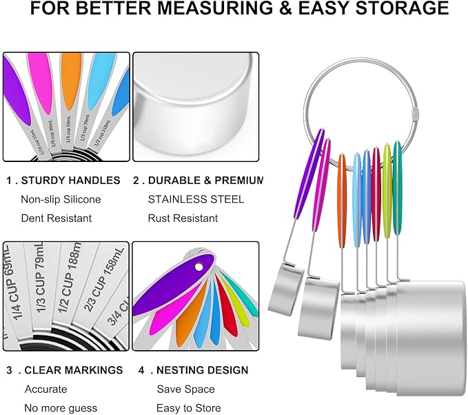 Measuring Cups and Measuring Spoons Set, Wildone Stainless Steel 8 Measuring Cups, 10 Measuring Spoons, 1 Leveler 1 Whisk & 5 Mini Spoons, for Dry and Liquid Ingredient - 25 Piece Multicolor