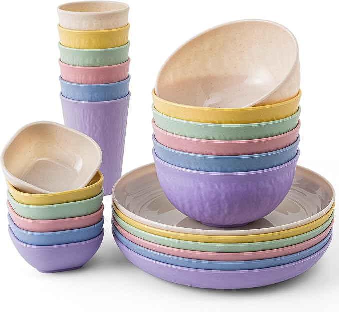 SHECIPIN 24-Piece Wheat Straw Dinnerware Set, Large Round Plates, Bowls and Cups, Unbreakable dish set, Dishwasher and Microwave Safe, Outdoor Camping Dishes