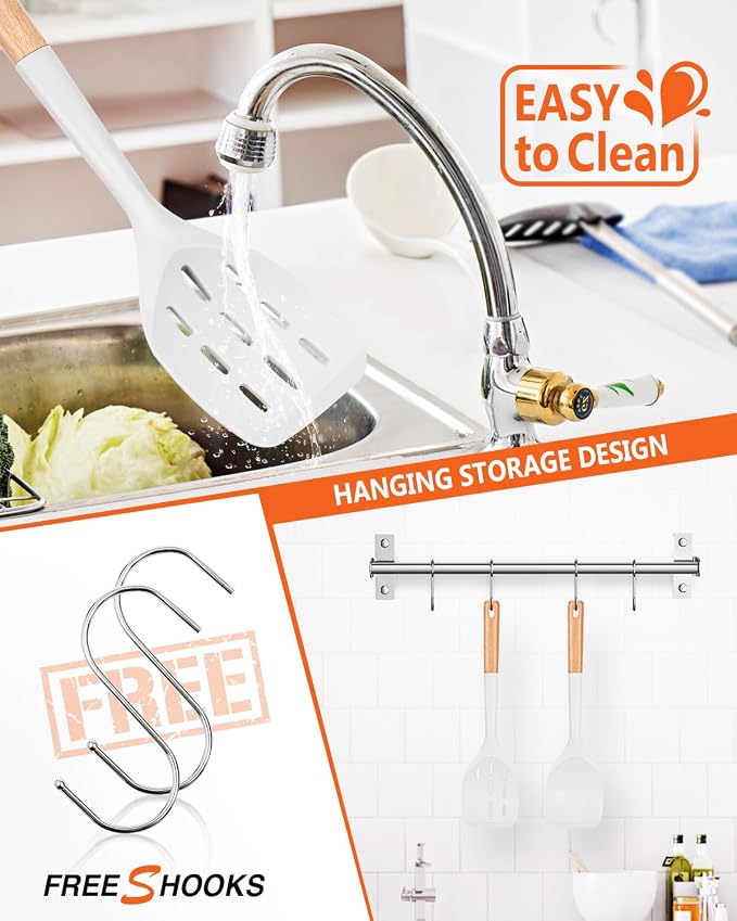 Silicone Spatula, Non Stick Turner for Cooking, Food Grade, White | Heat Resistant, Flexible Edge, 2 Pack Wooden Handle Kitchen Turner for Baking Mixing Grilling Serving Food