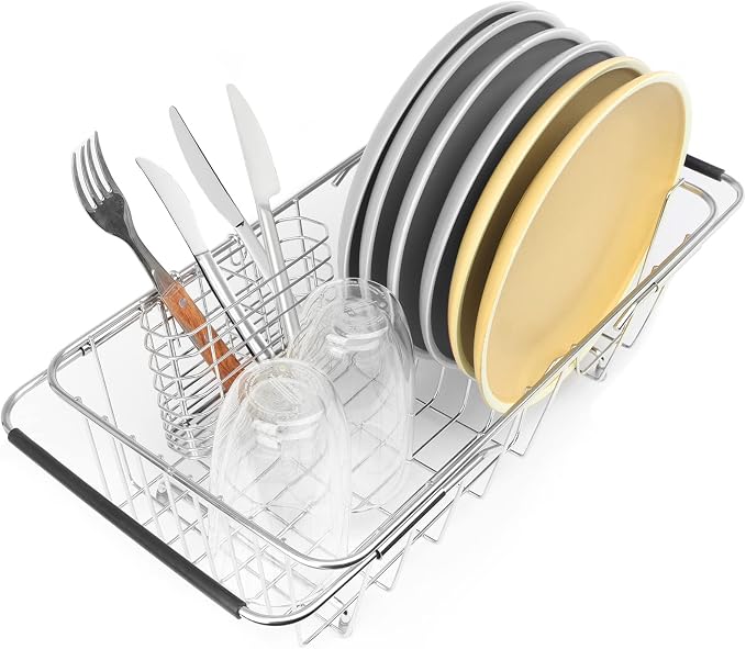 Sink Dish Drainer Rack, Expandable Stainless Steel Dish Drying Rack | 304 Stainless Steel Sink Rack with Utensil Holder, Adjustable 14.96"-20.59", Fits Inside Sink, Holds Up to 7 Upright Utensils