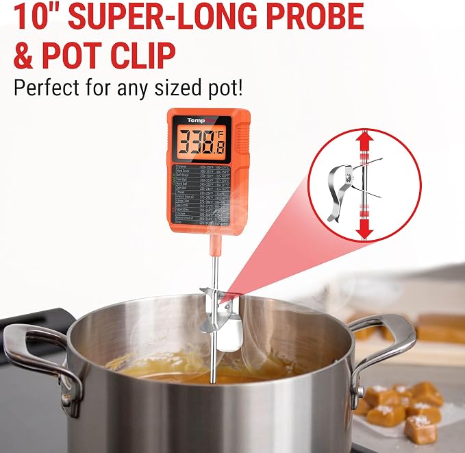 TempPro TempDip 1 Sec Digital Candy Thermometer with Pot Clip & 10" Probe | Waterproof Instant Read Deep Fryer Oil Thermometer, Cooking Meat Thermometer for Liquids, Grilling (Previously ThermoPro)