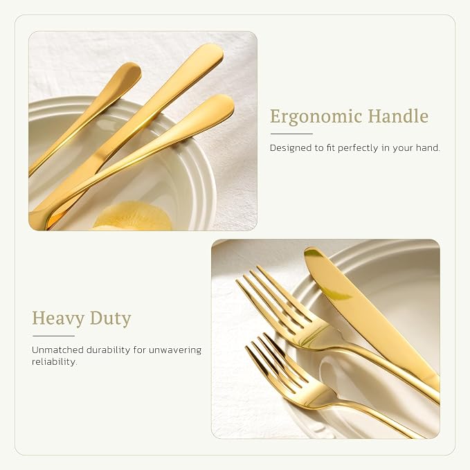 Astercook Silverware Set 48-Piece Gold Flatware Set with Steak Knives Food-Grade Stainless Steel Cutlery Set for 8 Mirror Polished Utensils Set Include Spoons and Forks for Home Kitchen Restaurant
