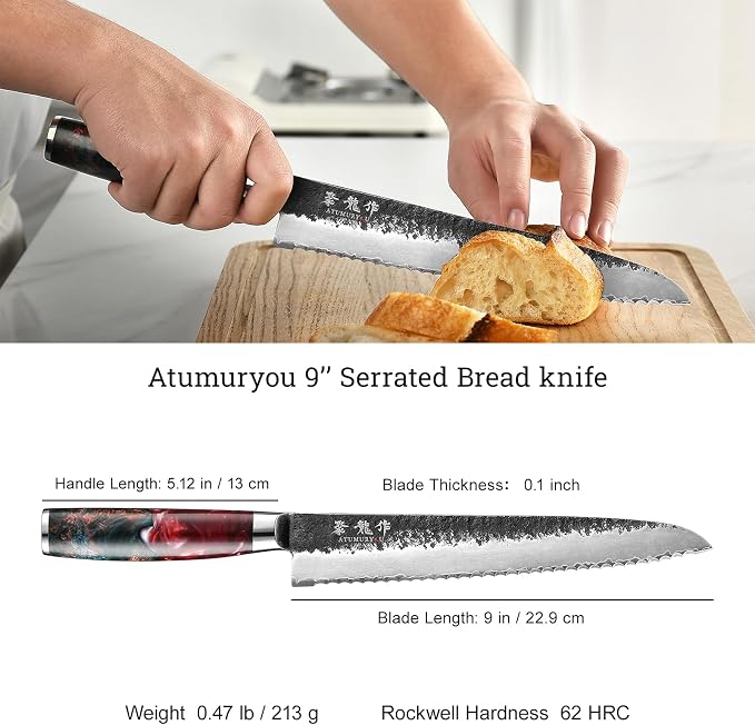 9'' Japanese Bread Knife, Black Forged 3-Layer VG10 Steel Core | San-Mai Kurouchi Finish, 62 HRC Hardness, Razor Sharp Serrated Edge, Bread & Bagels, Resin-Wood Handle, Premium Gift Box