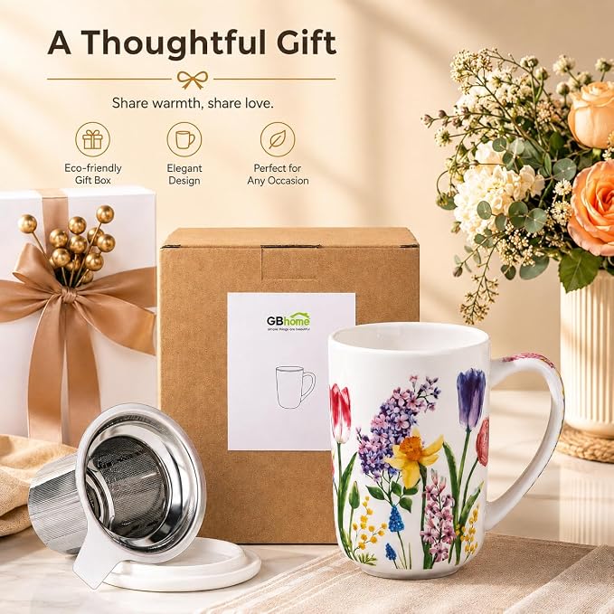 GBhome Tea Mug with Infuser and Lid,18 Ounce Ceramic Loose Leaf Cup Steeper | Lead-Free Glaze For Tea Lovers,Microwave & Dishwasher Safe with Tea Strainer