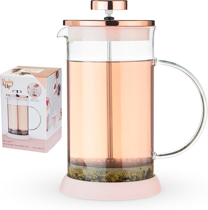 Pinky Up Riley Mini Glass Tea Press Pot, Coffee Maker, French Press for Loose Leaf Tea and Coffee, Hot or Iced Beverage Brewer, 12 oz, Pink
