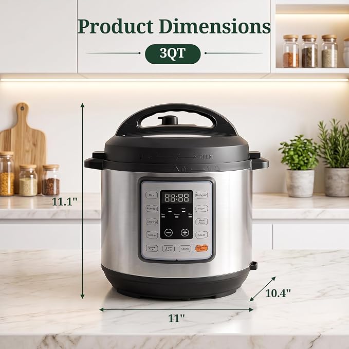 10-in-1 3QT Electric Pressure Cooker for Rice and Stews | Ceramic Nonstick Inner Pot, One Touch Controls, Keep Warm Mode, 700W, Stainless Steel Housing, Accessories Included, Silver