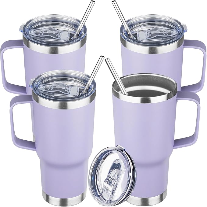 20 oz Tumbler with Handle Stainless Steel Insulated Coffee Mug Tumbler with Lid and Straw Double Wall Vacuum Insulated Coffee Mug Leak Proof Travel Tumbler for Hot and Cold Drink (Pale Purple,4pack)