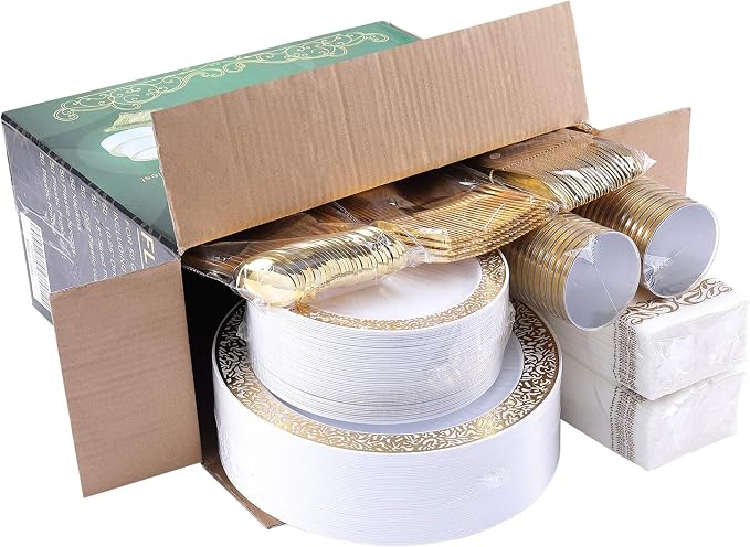 FOCUSLINE 350 Ct Gold Dinnerware Set for 50 Guests, Gold Lace Plastic Plates Disposable Heavy Duty, Including 50 Dinner & Dessert Plates, Cups, Napkins, Cutlery Set