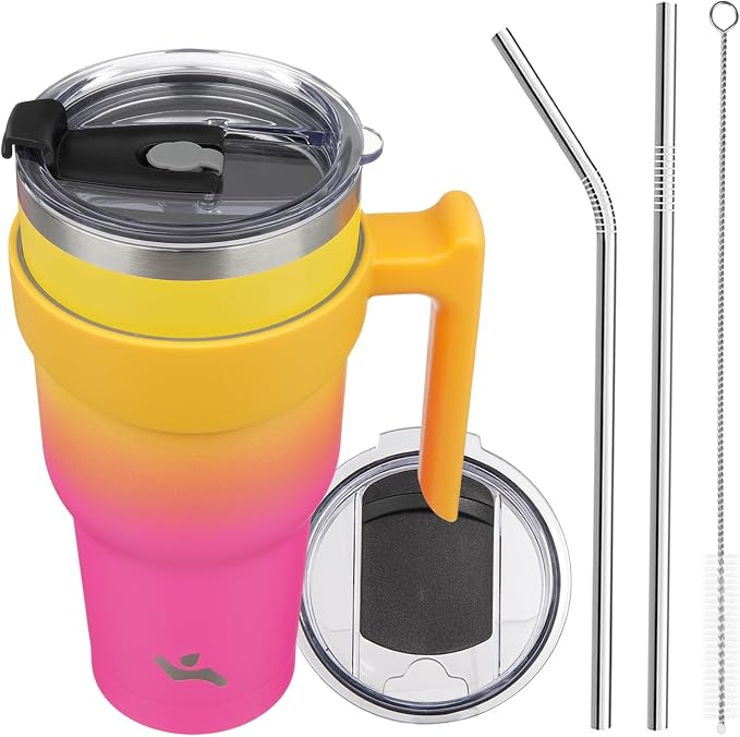 Konokyo 40 oz Tumbler with Handle and Straw, Insulated Travel Mug | Rainbow; BPA-free, leak-proof tumbler with 2 lids, 2 straws, cup holder fit for coffee, office, travel & daily use