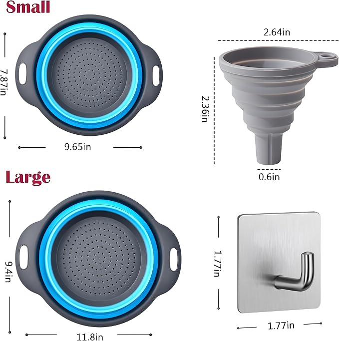 UVB Collapsible Colander Set, Foldable Kitchen Strainer for Pasta, Vegetables & Fruit, Complete Kitchen Set with 2 Stainless Steel Hooks & 2 Silicone Funnels – Blue