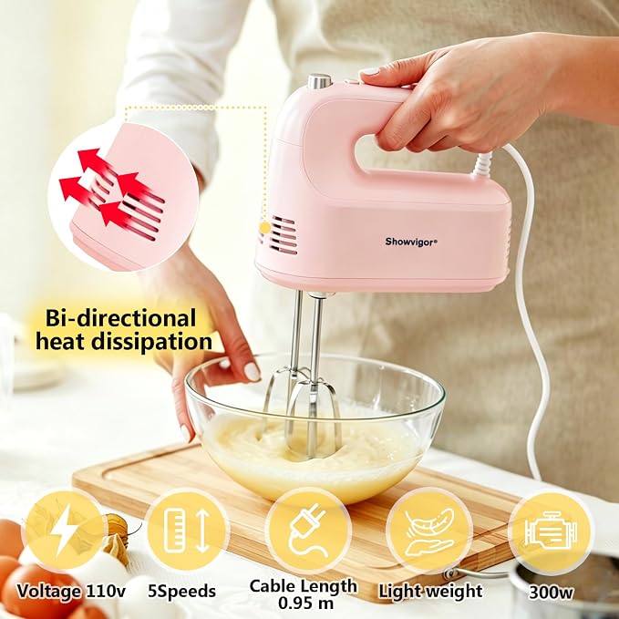 Electric Hand Mixer, 300W Handheld Mixer with 5 Stainless Steel Accessories, 5 Adjustable Speeds + Turbo Boost & Self-Control, One-Button Eject, Food Beater for Cakes, Eggs, Dough (Pink)