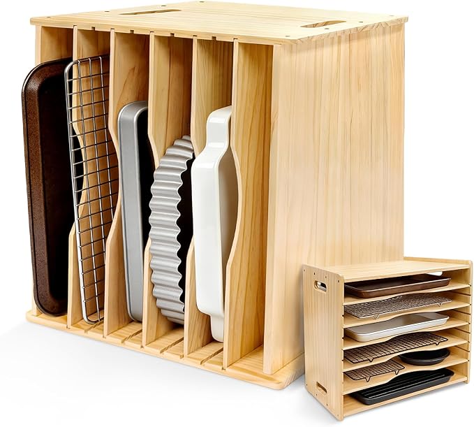 6 Tier Wooden Tray Dividers for Cabinets, Cookie Sheet Organizer 15.7" W x 16.5" H x 12.6" D Baking Sheets, Pans and Cutting Boards Organizer for Kitchen Cabinets or Countertop