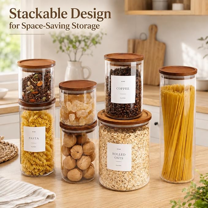 3 Pack Glass Containers with Acacia Lids, 45oz Pantry Airtight Storage Jars | Kitchen Canister Set with 105 Labels, Pantry Food Storage Containers with Wood Lids for Oats, Flour, Coffee, Sugar, Pasta