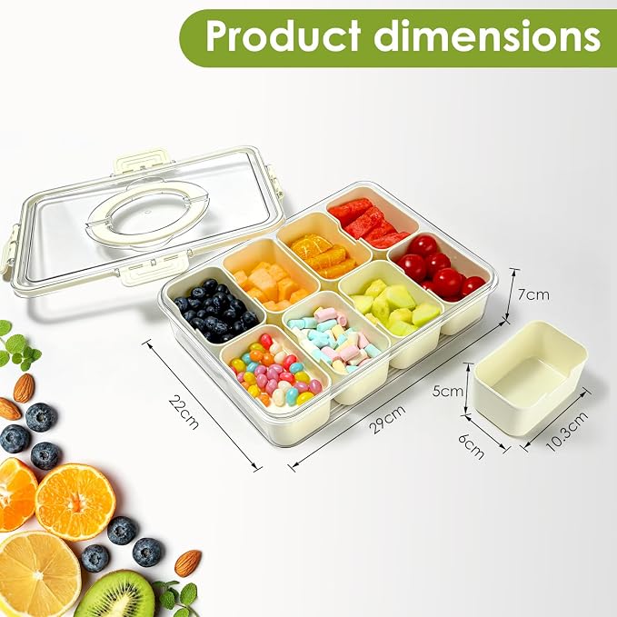 HRXFOZ Divided Serving Tray with Lid and Handle, 8 Compartment Snack Box, Portable Snack Platter for Fruits, Veggies, Nuts, Party Entertaining, Picnic (2 PCS)