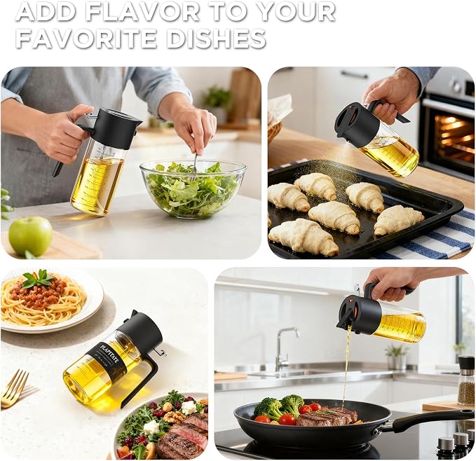 PLAPITATE 2Pcs 17oz Premium Olive Oil Sprayer for Cooking, 2 in 1 Glass Olive Oil Dispenser Bottle for Kitchen Gadgets, Spray Bottle with Portion Control for Salad, Frying, BBQ (Black & Blue)