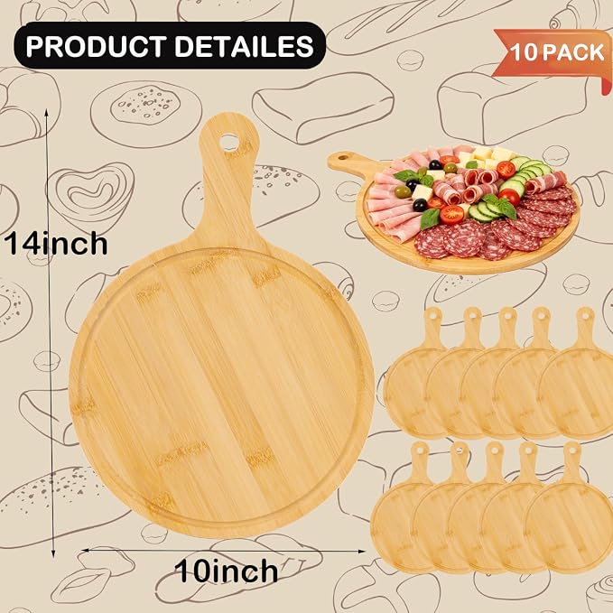 10pcs Round Wood Cutting Boards set with Handle, 10" Bamboo Laser Engraving Charcuterie Boards Bulk for Kitchen, Wooden Serving Tray for Pizza, Bread, Cheese, Charcuterie, Fruit, Vegetables