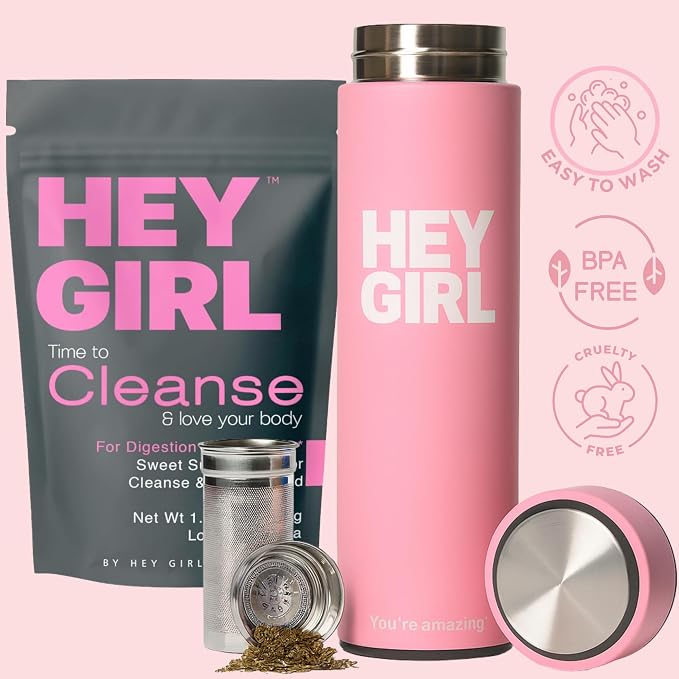Hey Girl Tea Infuser Bottle 450ml - Insulated Stainless Steel Water Bottle - Tea Tumbler with Tea Diffuser - Portable Travel Mug for Loose Leaf Tea & Infused Water - Tea Lovers Gifts for Women (Pink)