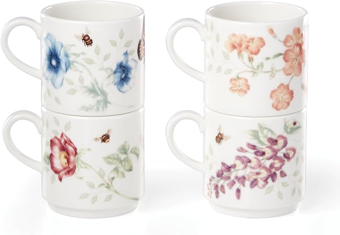 Lenox 890451 Butterfly Meadow 4-Piece Stacking Mug Set | dishwasher safe, microwave safe | space-saving stackable design | coffee mug gift for coffee lovers | 10oz