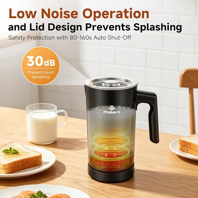 Philorn 4-in-1 Electric Milk Frother and Steamer, Frother for Coffee - Quick Hot & Cold Foam, Warm Milk, 350ml/11.8oz, Quiet, Auto Shut-Off, Non-Stick, for Coffee Lovers, Home & Office