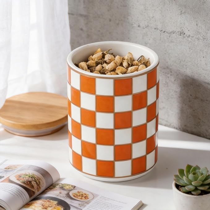 Kitchen Countertop Ceramic Checkered Canisters,Black And White Food Storage Containers With Lid,Airtight Kitchen Canisters for Flour, Sugar, Coffee, Tea, and Dry Goods (Orange, Small)