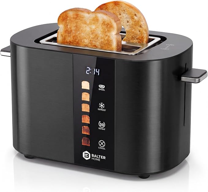 Balter Toaster 2 Slice, Bagel Function, Stainless Steel, Touch Screen, Built-in Rack, Extra-Wide 1.5" Slots for Thick Breads & Bagel, Timer, BPA-Free, Removable Tray, Black