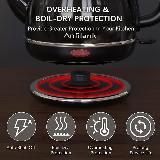 Anfilank Electric Gooseneck Kettle, 1L 1500W Fast Boil, 100% Stainless Steel BPA Free Pour-Over Coffee & Tea Kettle, Water Boiler with Auto Shut & Boil-Dry Protection, Black