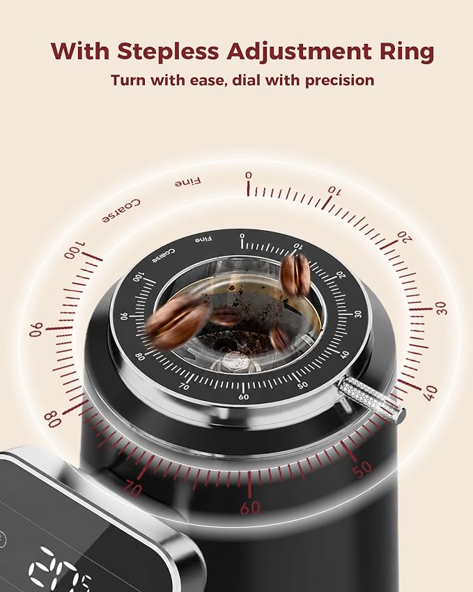 Tuni G3 64mm Flat Burr Coffee Grinder with 100 Grind Settings, Black | Electric Espresso Grinder with Single Dose, Commercial Grade, Anti-Static Tech, Touchscreen Display, Stainless Steel
