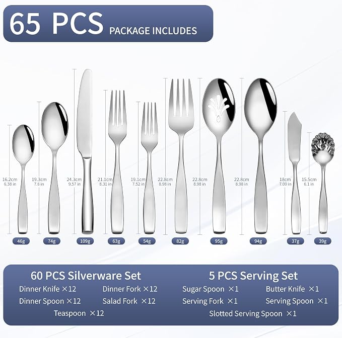 65 Piece Flatware Set 18/10 for 12, Heavy Duty Silverware Set, Mirror Polish Flatware Set With Serving Utensil, High End Flatware, Dishwasher Safe, Ideal for Gift