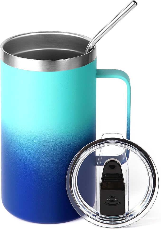 Volhoply 22oz Insulated Stainless Steel Coffee Mug with Leakproof Lid,Double Wall Vacuum Travel Coffee Cup with Handle,Reusable Metal Tumbler,Camping Mugs Keep Hot&Cold(Green Blue,1)