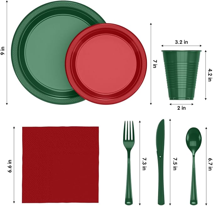 350 Pcs Christmas Plastic Plates For Party, Red & Green Disposable Plates Set, 50 Of Each 9" Dinner Plate Set, 7" Dessert Plate, Cups, Napkins & Cutlery Plastic Dinnerware Exquisite