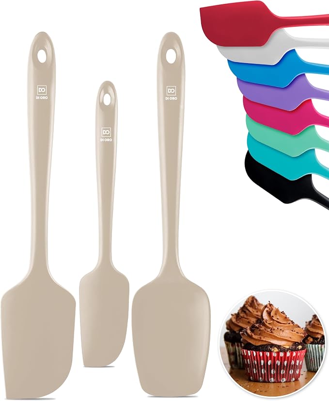 DI ORO Silicone Spatula Set - 600F Heat Resistant, 3-Pc Clay | Rubber scraper won't scratch nonstick pans; For baking, cooking, mixing, and frosting; BPA-free and dishwasher safe