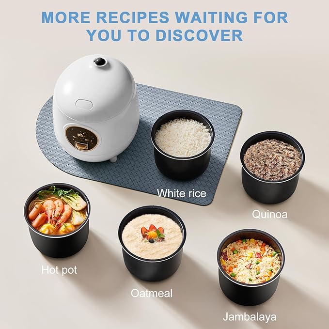 Bear Mini Rice Cooker, 2-Cup Uncooked, Nonstick, Keep Warm, BPA Free, White | Portable 1.2L nonstick small rice cooker for travel, dorm, single serve. One-touch operation, removable pot, auto keep warm