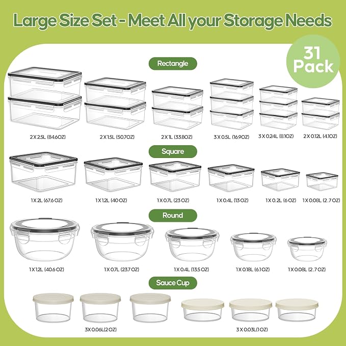 62 PCS Large Food Storage Containers with Lids Airtight (31 Lids & 31 Containers)- 85 OZ Reusable Plastic Leakproof Meal-Prep Container for Kitchen Storage Organization Microwave/Dishwasher Safe