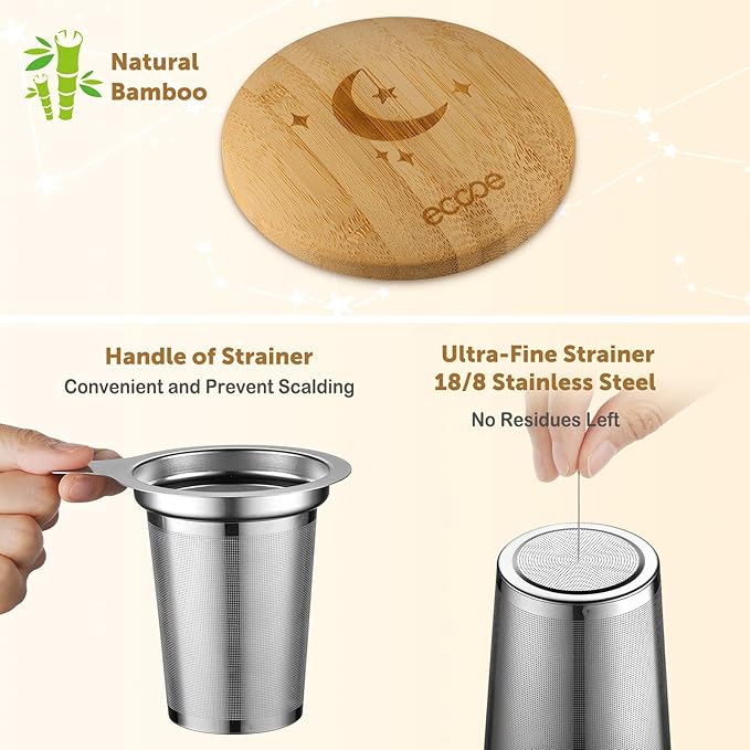 ecooe Tea Infuser Mug 20.3oz Ceramic Tea Cup with Removable Stainless Steel Infuser and Lid, 600ml Tea Mug for Loose Leaf Tea Coffee Milk, Gifts for Women Parents Friends Office Home (Black) | 600ML Large Capacity, with Stainless Steel Infuser/Lid, for...