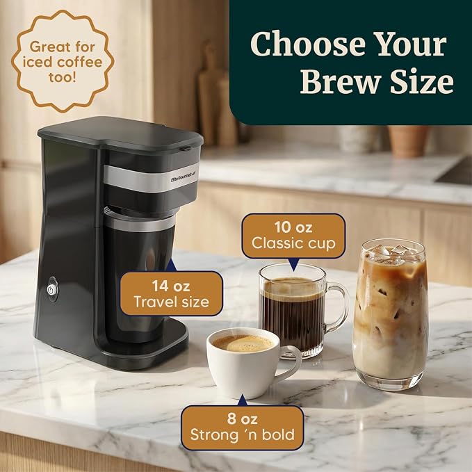 Elite Gourmet EHC113 Personal Single-Serve Compact Coffee Maker, Black | Includes 14oz stainless steel interior thermal travel mug, reusable filter - compatible with coffee grounds
