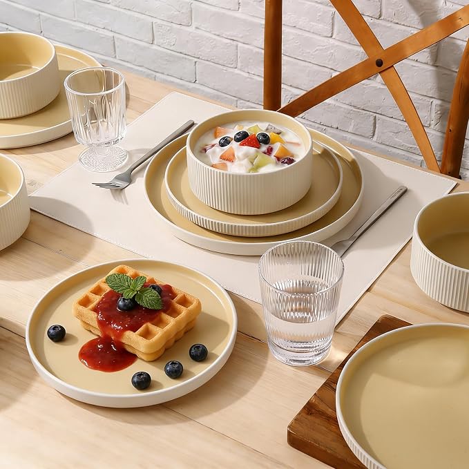 18PCS Ceramic Dinnerware Set for 4,Stoneware Plates and Bowls Sets | Reactive Glaze Dish Set,Scratch Resistant Tableware Set,Reactive Glaze,Microwave & Dishwasher Safe,White Orange