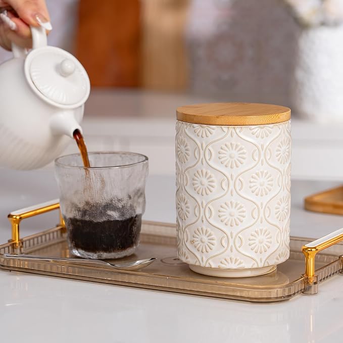 TEATALK Ceramic Canister with Airtight Lid, Perfect for Coffee, Sugar, Tea Storage, 23 Fl Oz, White