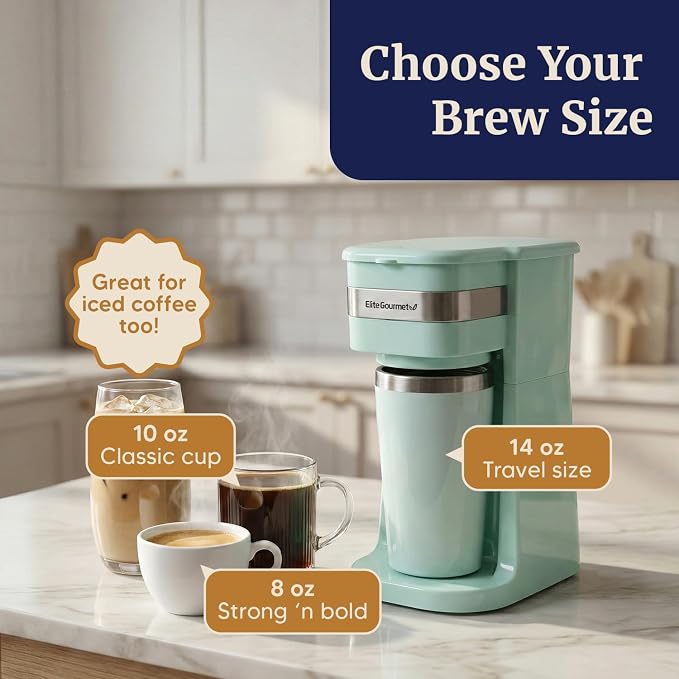 Elite Gourmet EHC113M Personal Single-Serve Compact Coffee Maker, Mint | Includes 14oz stainless steel interior thermal travel mug, reusable filter - compatible with coffee grounds