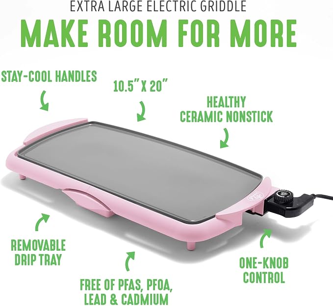 GreenLife 20" Extra Large Electric Griddle, Pink | PFAS-Free Ceramic Nonstick Coating, Temperature Control, Removable Dishwasher Safe Drip Tray, Pancakes, Eggs, Omelet, Burgers