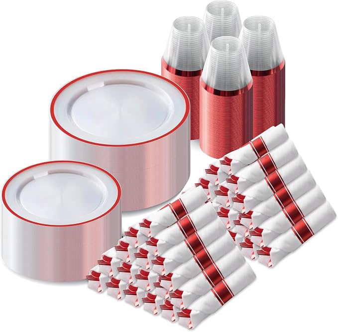 700 Pcs Clear Red Plastic Dinnerware Sets for Party for 100 Guests | Red Plastic Plates Include 200 Plastic Plates, 100 Pre Rolled Napkins with Cutlery Set, 100 Cups for Birthday, Christmas